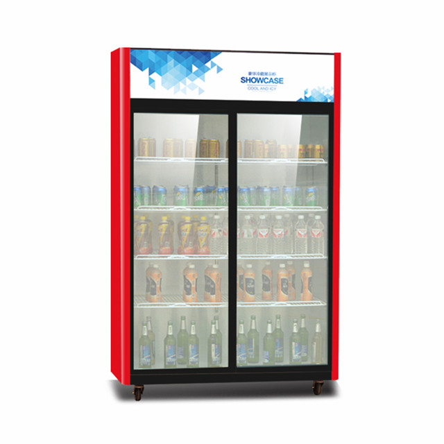 超市双层玻璃门立式展示柜，用于饮料