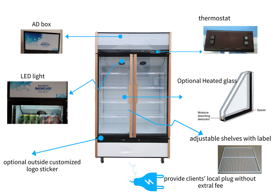 热卖风扇冷却2门立式展示柜，带LED灯